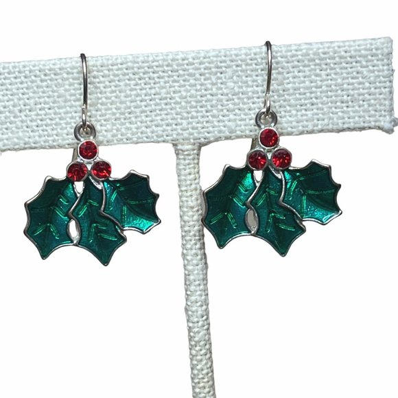Holly Christmas Holiday Dangle Earrings - Picture 1 of 4